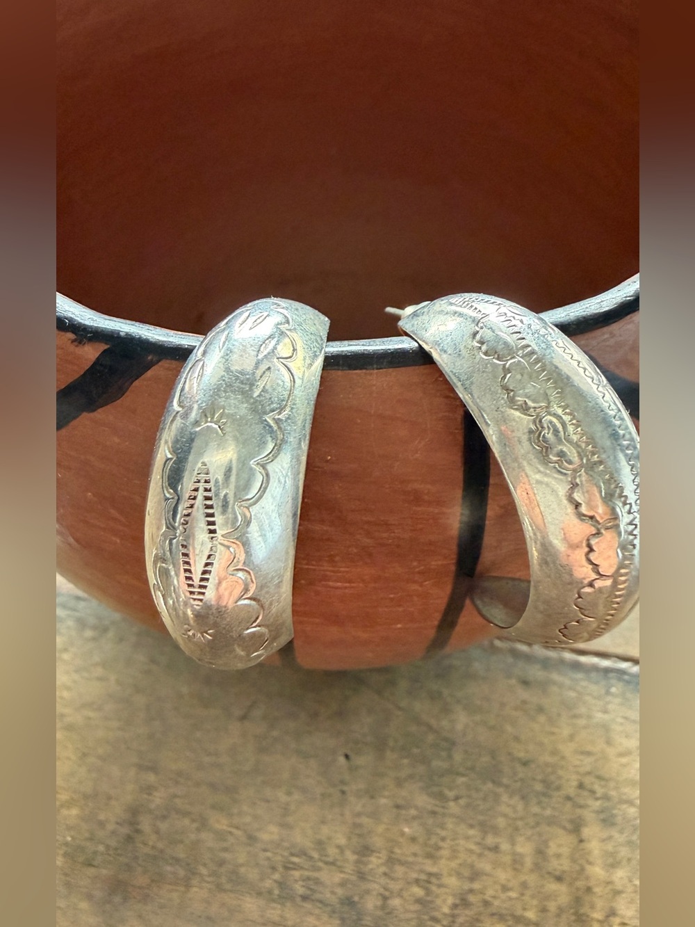 Vintage Native Navajo Sterling Silver Stamped Hoop Earrings Signed